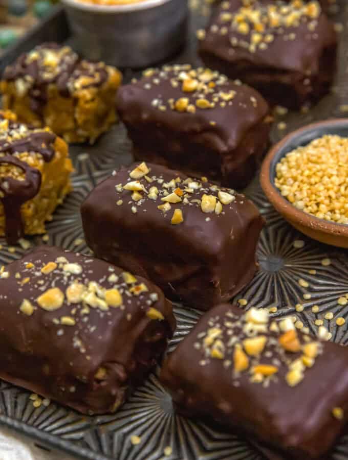 Close up of Peanut Butter Chocolate Puffed Quinoa Crunch Bars