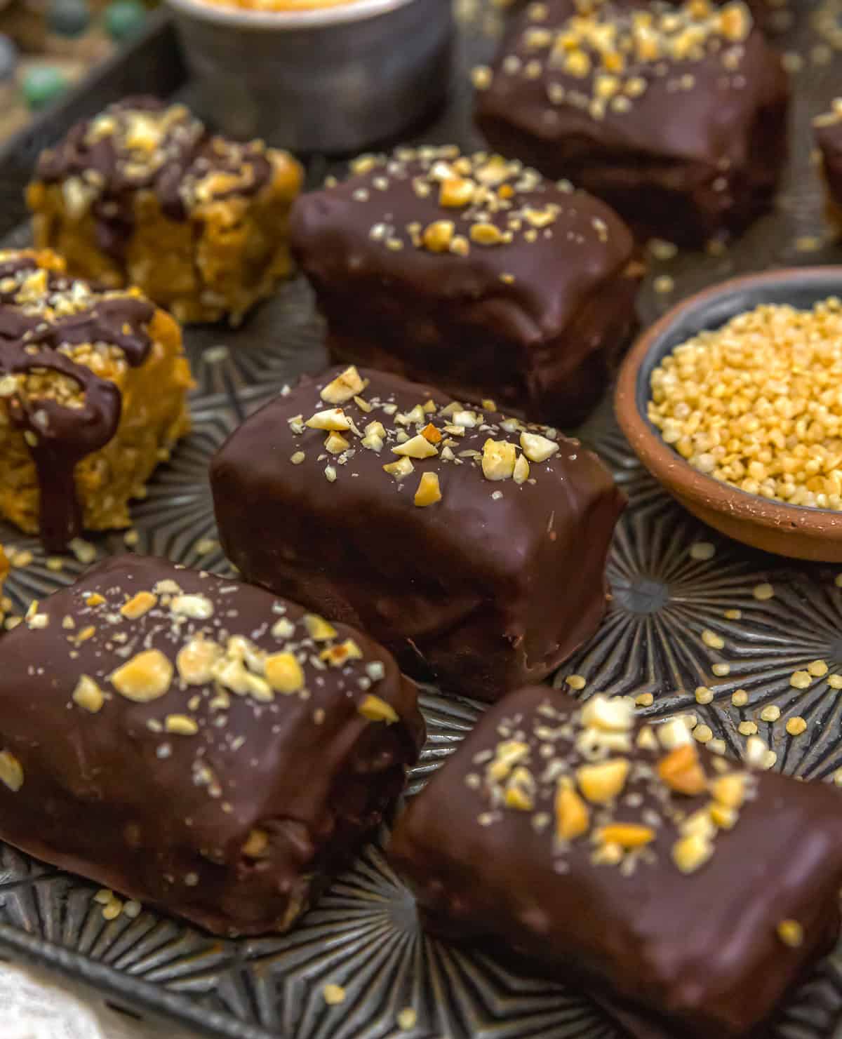 Close up of Peanut Butter Chocolate Puffed Quinoa Crunch Bars