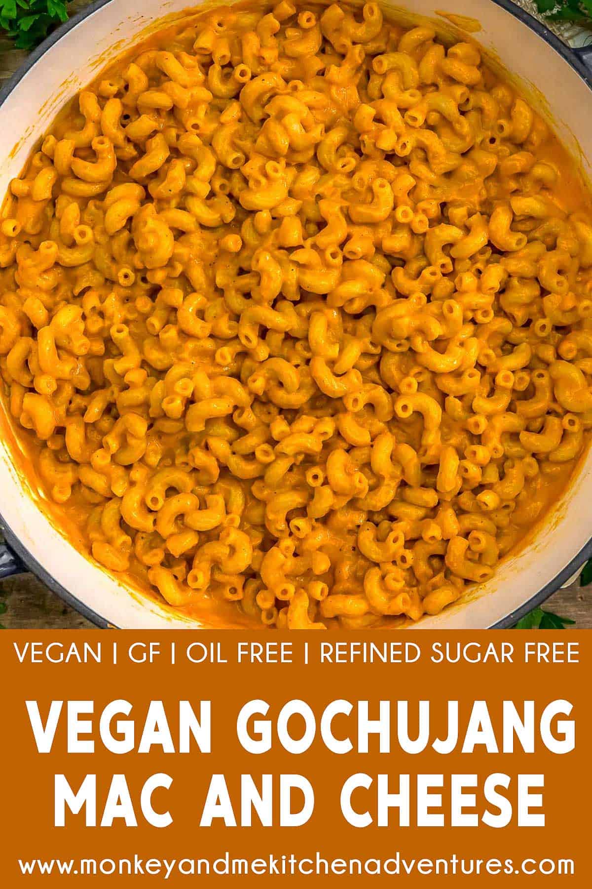 Vegan Gochujang Mac and Cheese with text description