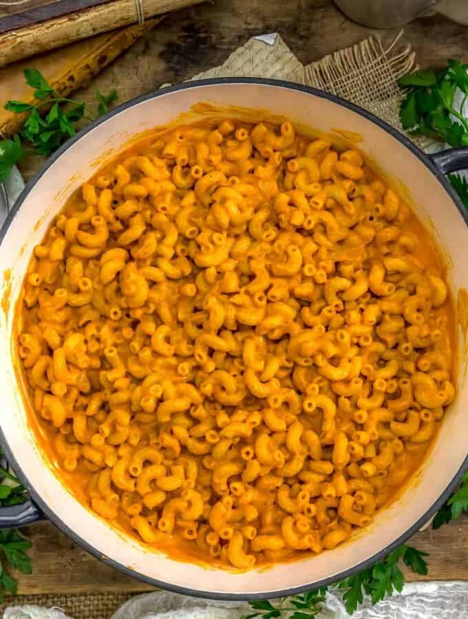 Skillet of Vegan Gochujang Mac and Cheese