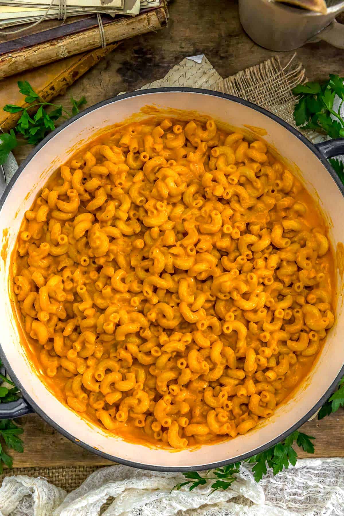 Skillet of Vegan Gochujang Mac and Cheese