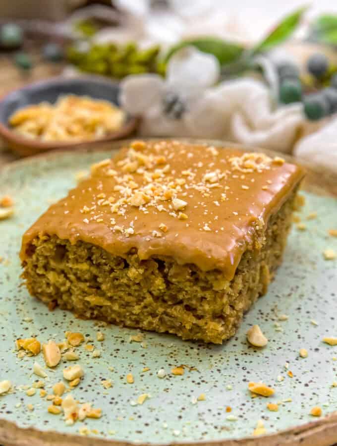 Close up of Vegan Peanut Butter Banana Sheet Cake