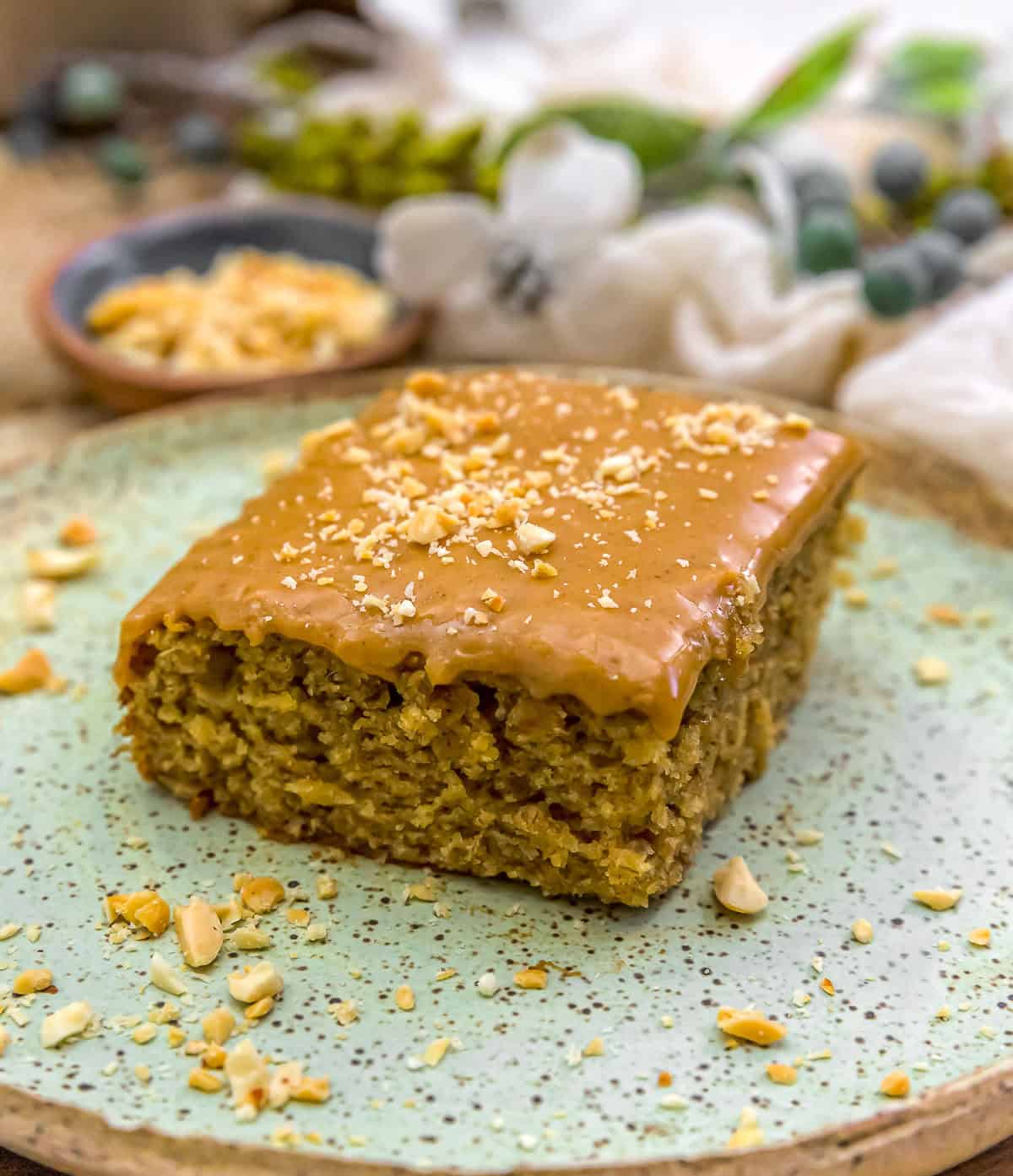 Close up of Vegan Peanut Butter Banana Sheet Cake