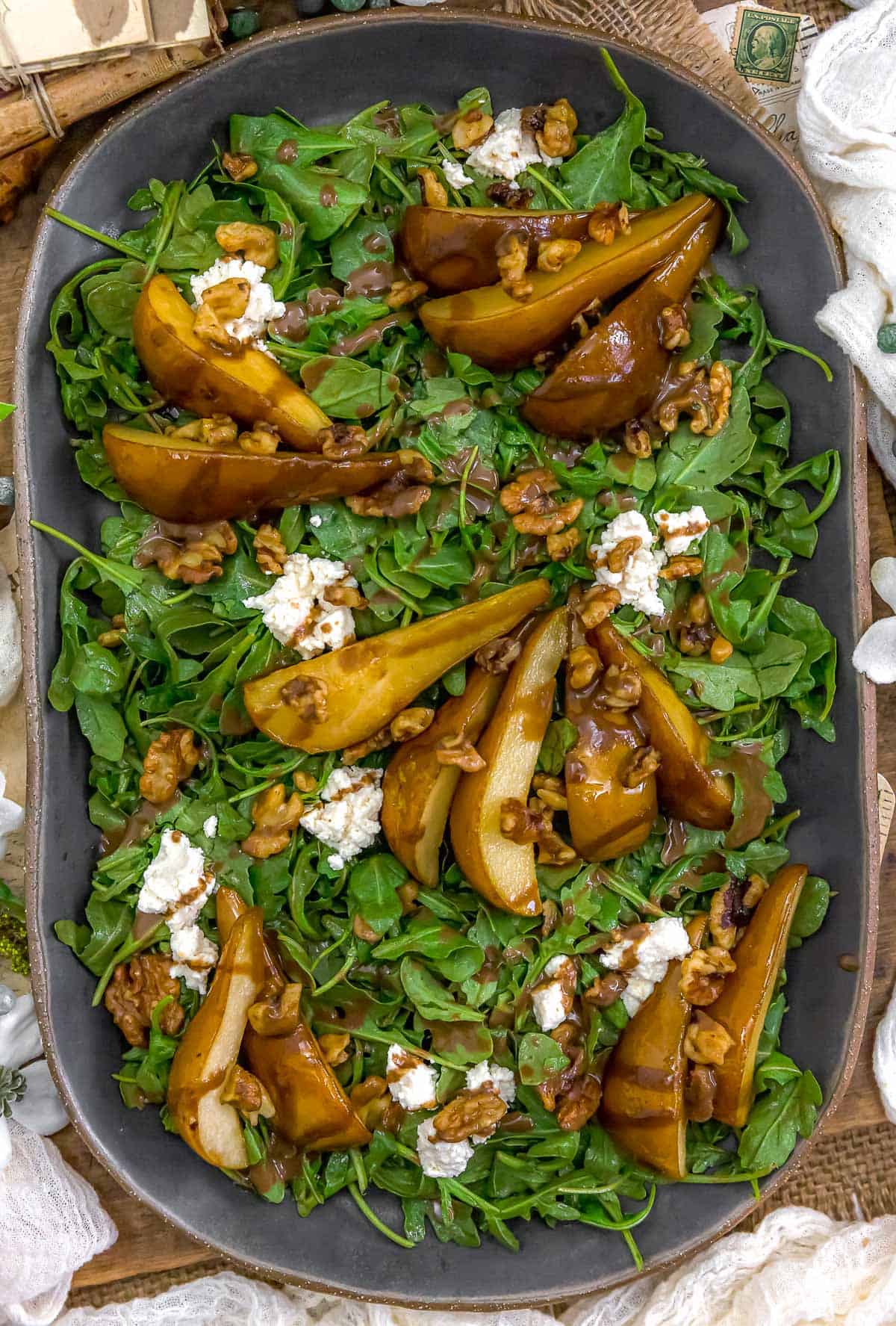 Plated Vegan Roasted Pear Ricotta Walnut Salad