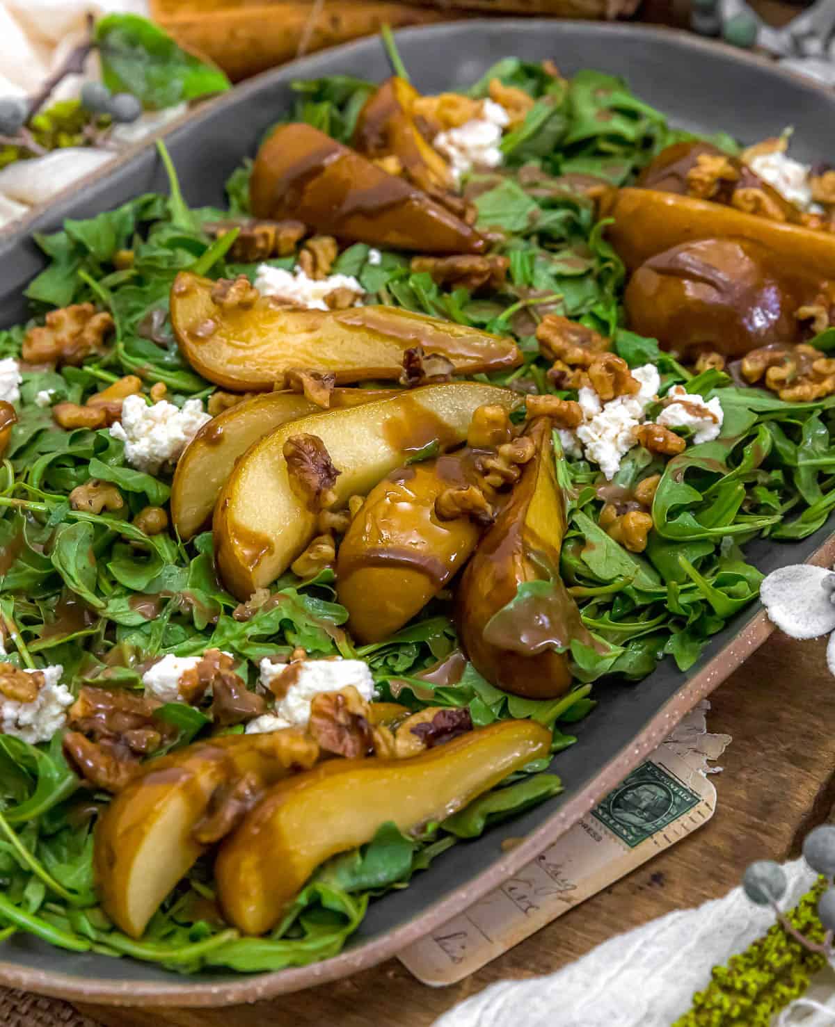 Close up of Vegan Roasted Pear Ricotta Walnut Salad