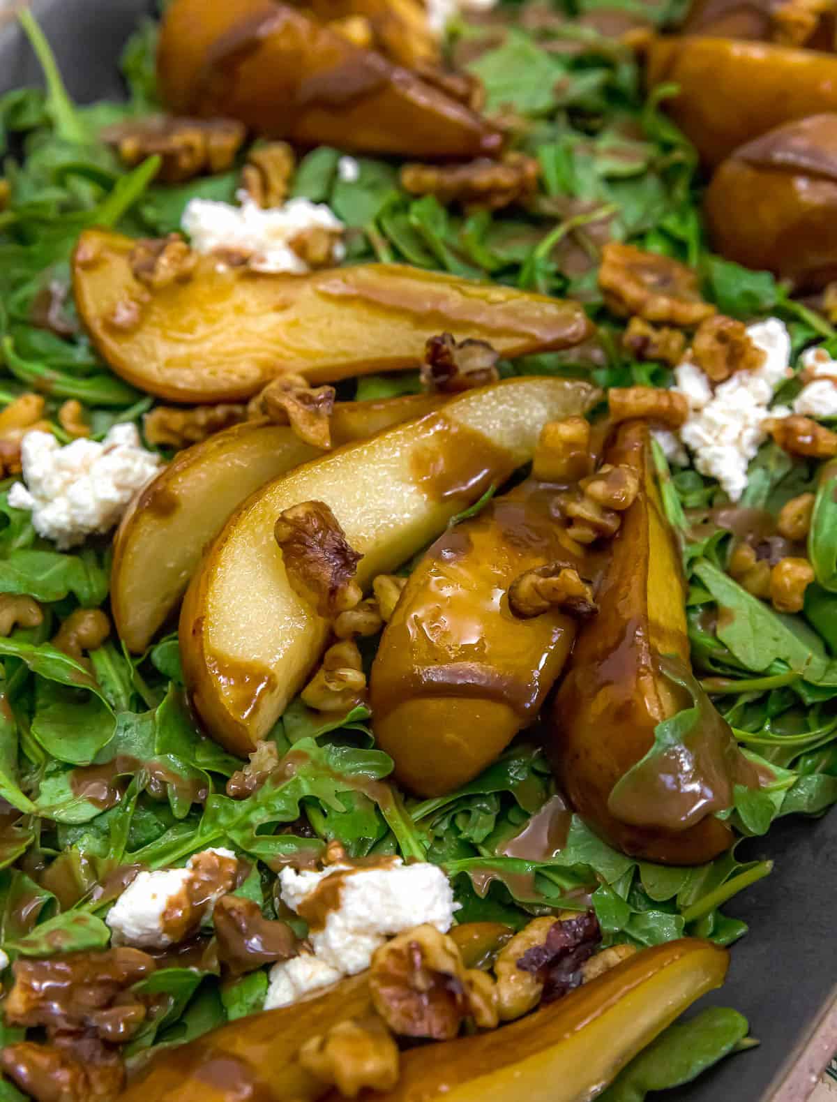 Close up of Vegan Roasted Pear Ricotta Walnut Salad