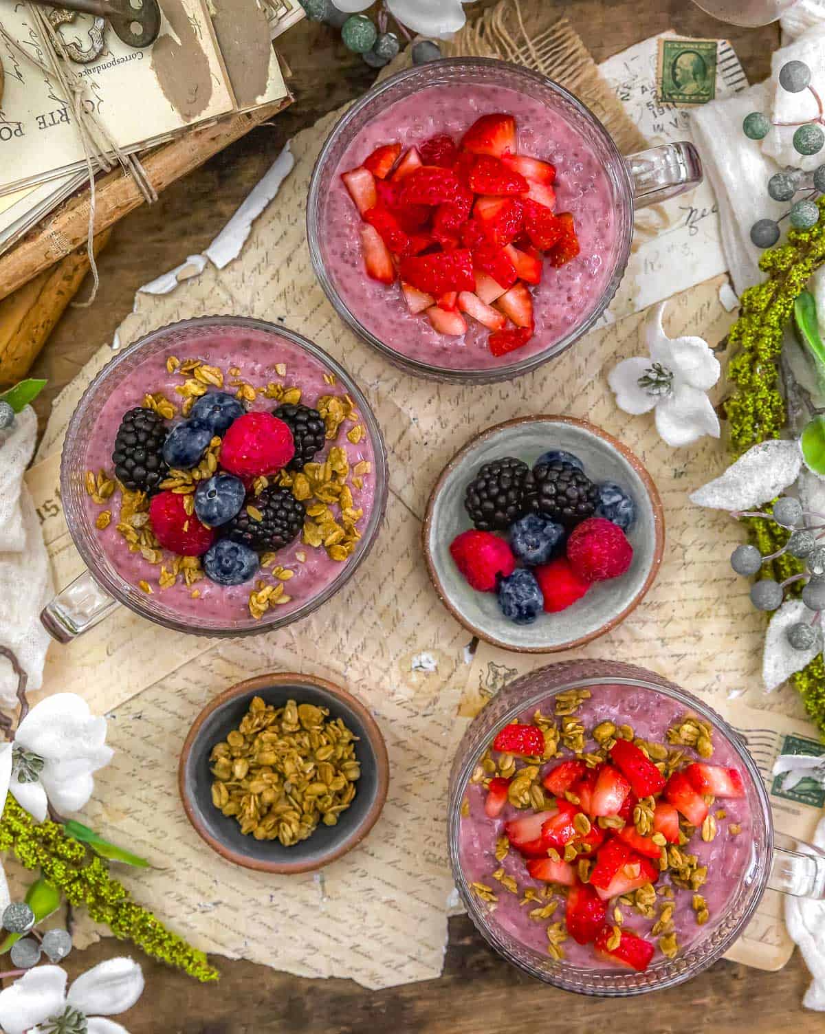 Jars of Vegan Strawberry Chia Pudding