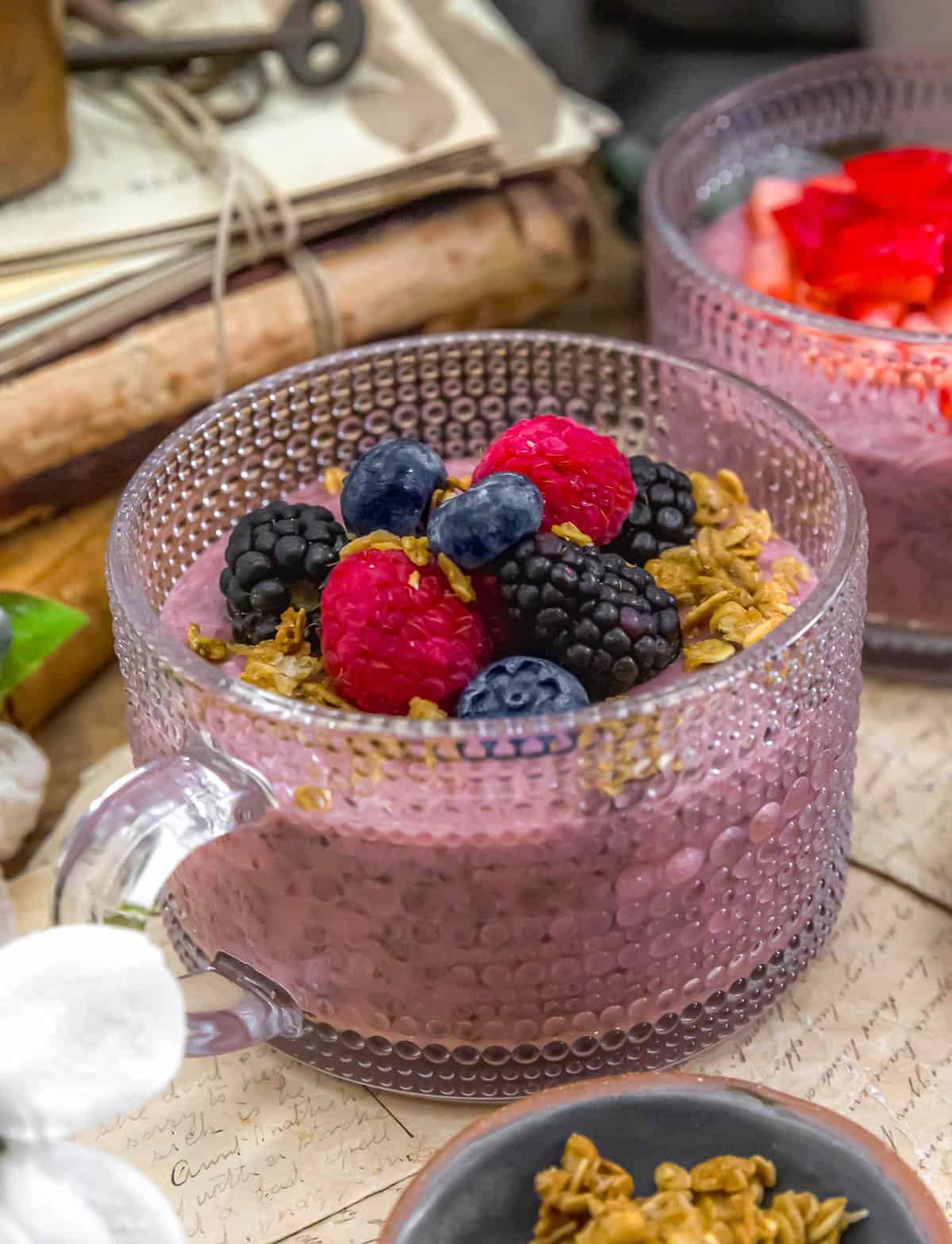 Vegan Strawberry Chia Pudding with fresh fruit