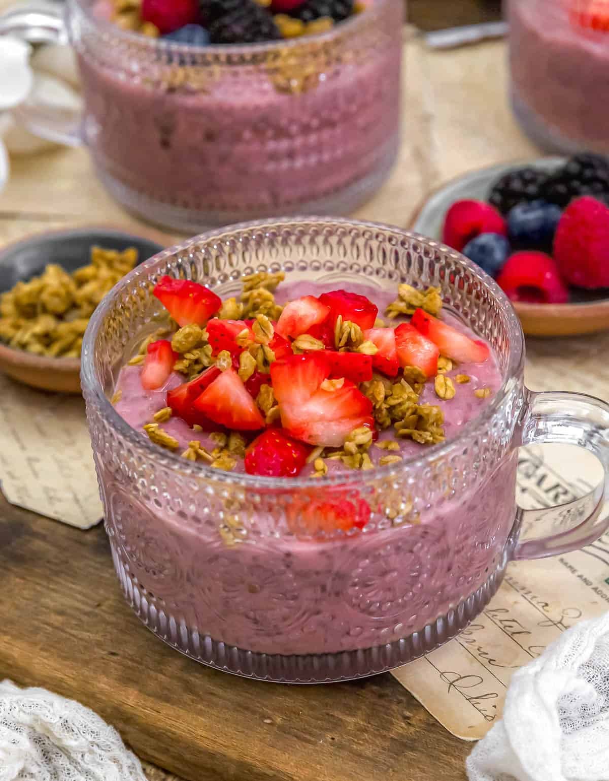 Vegan Strawberry Chia Pudding with fruit and granola