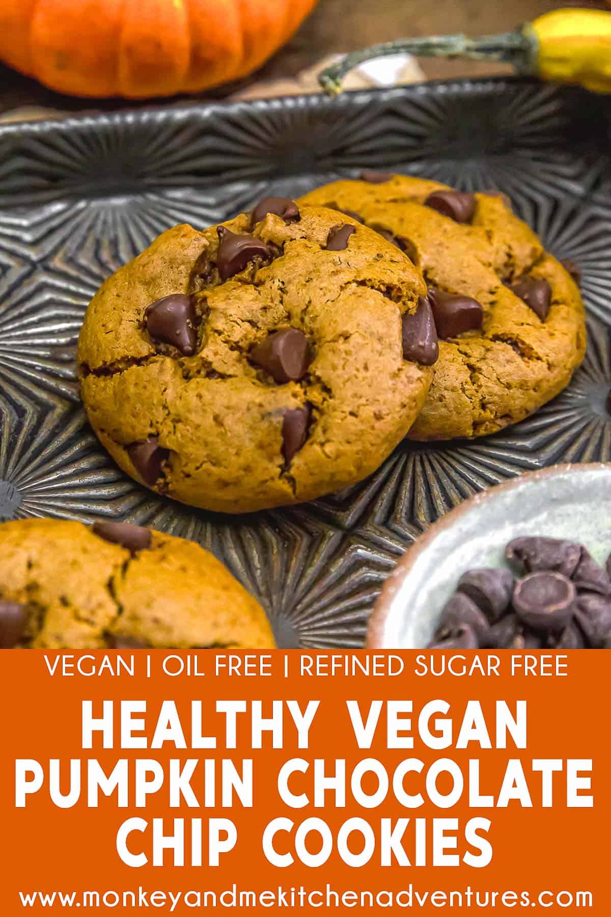 Vegan Healthy Pumpkin Chocolate Chip Cookies with text description