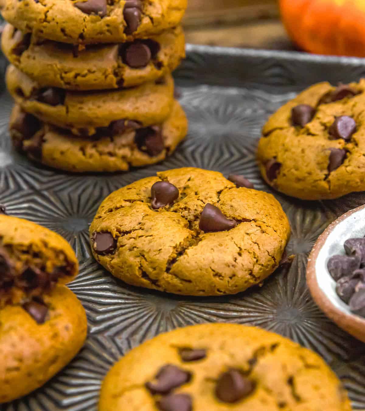 Close up of Vegan Healthy Pumpkin Chocolate Chip Cookies