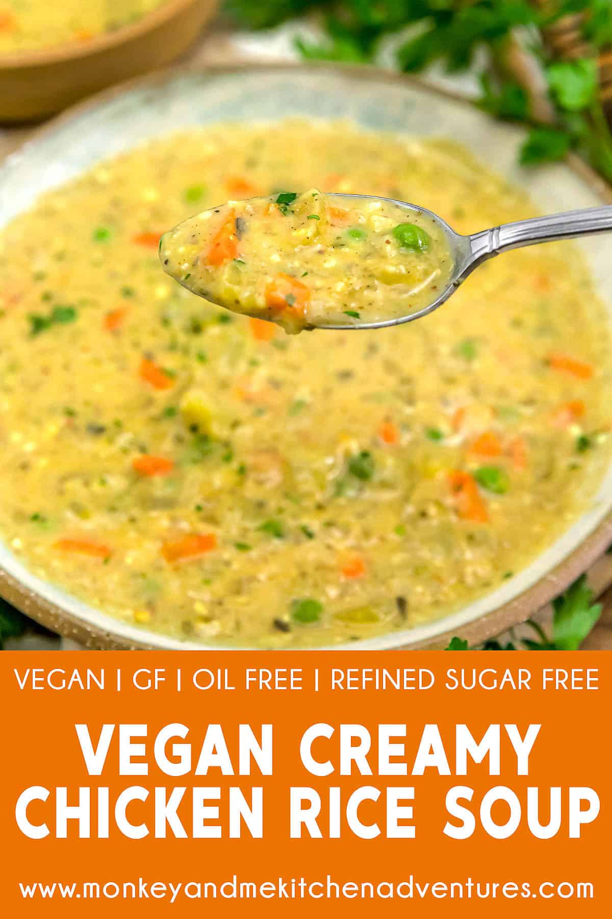Vegan Creamy “Chicken” Rice Soup with text description