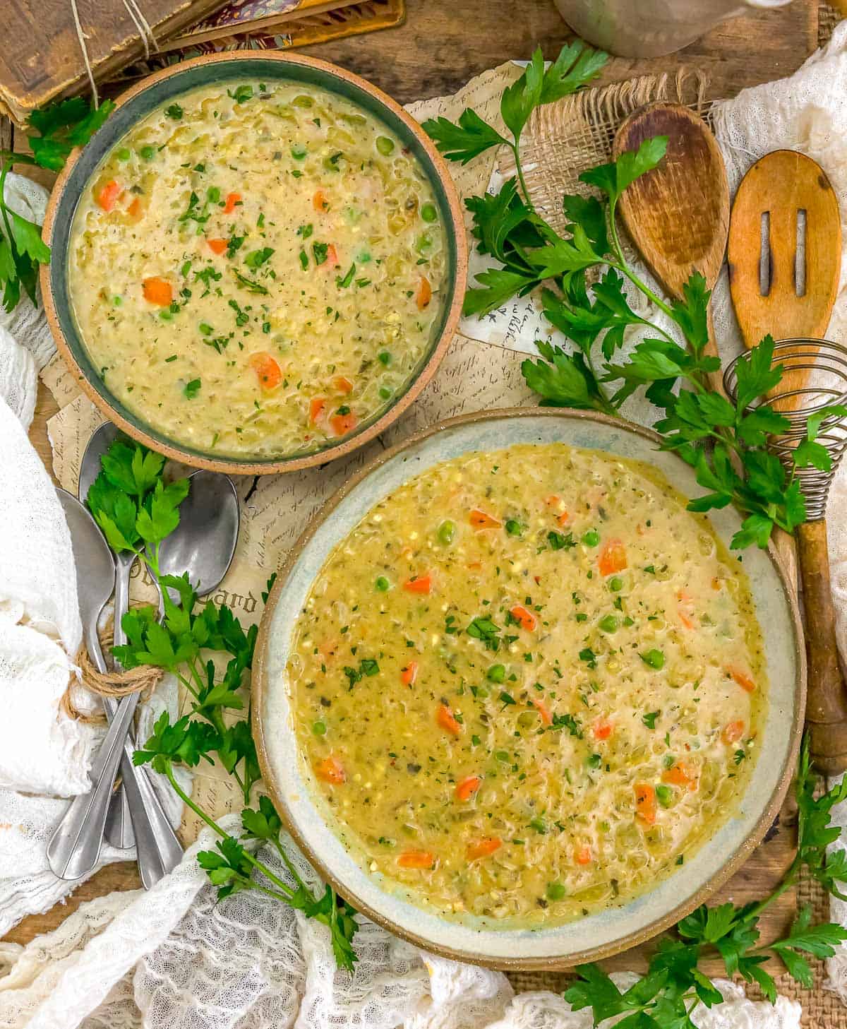 Bowls of Vegan Creamy “Chicken” Rice Soup