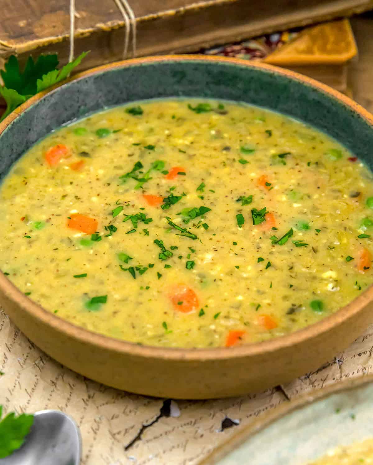 Close up of Vegan Creamy “Chicken” Rice Soup