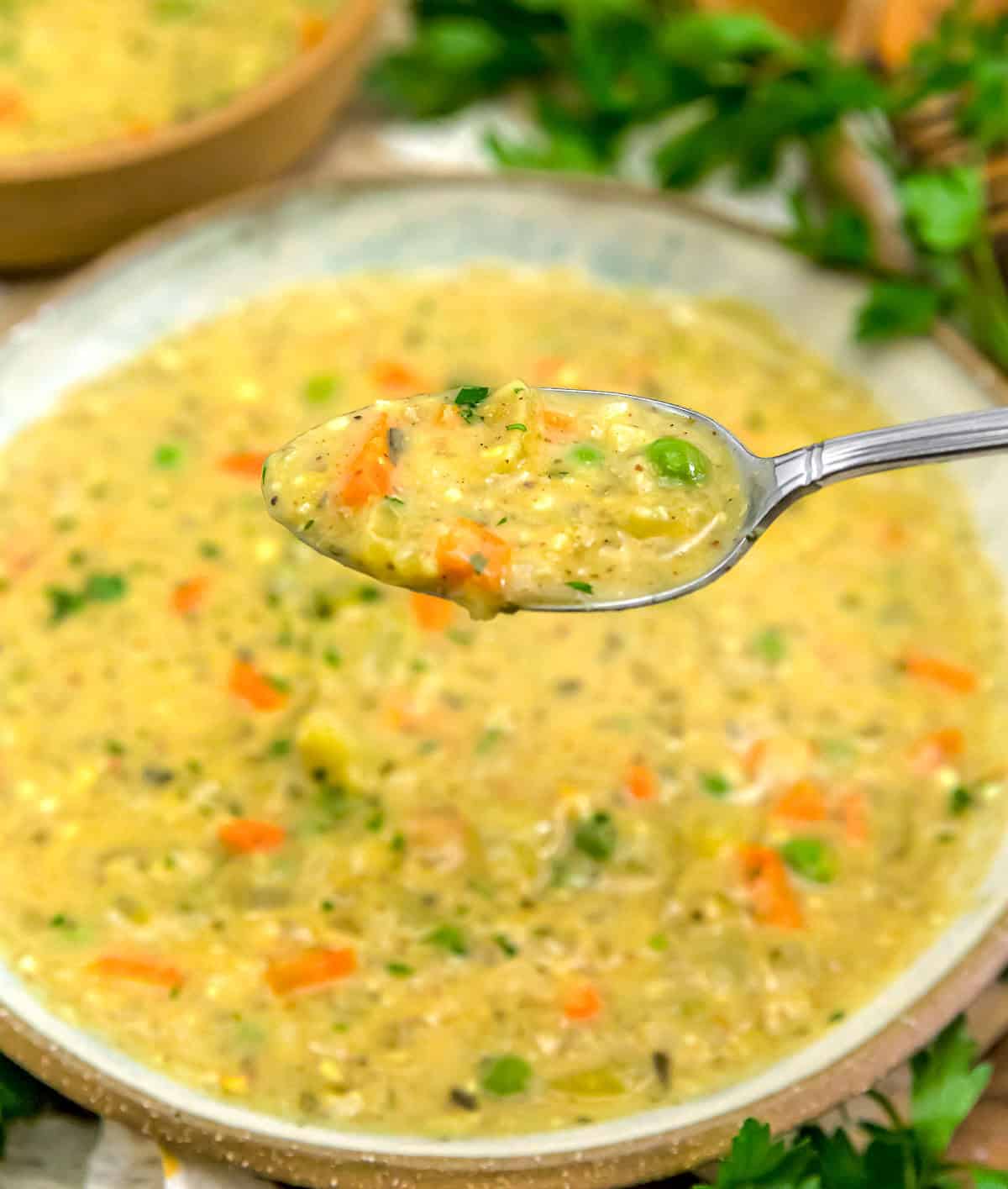 Spoonful of Vegan Creamy “Chicken” Rice Soup